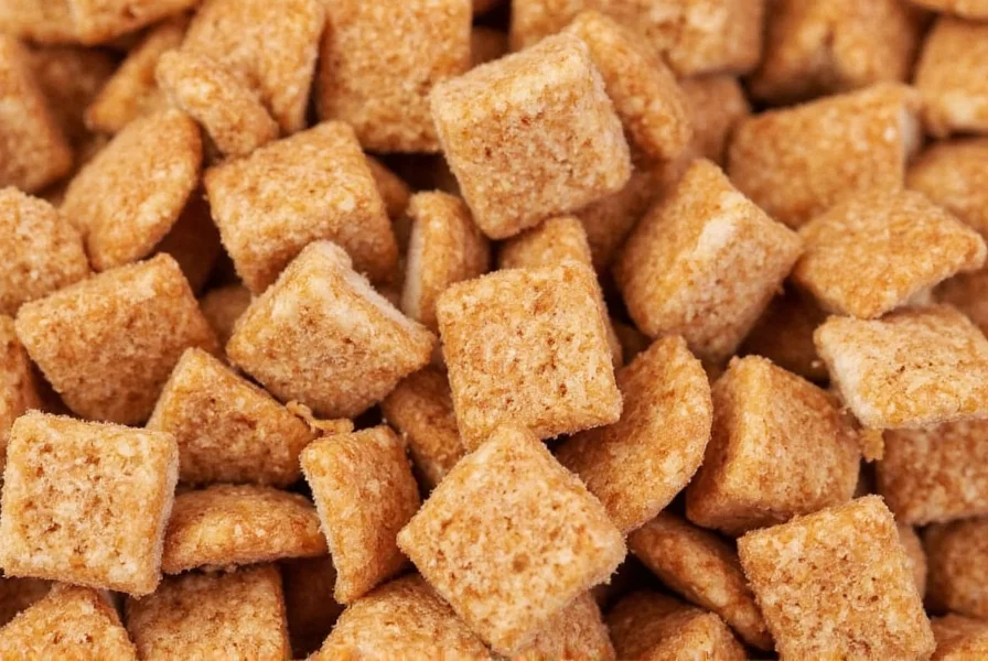 Close-up of Cinnamon Toast Crunch cereal pieces showing the cinnamon sugar coating on square wheat and rice pieces