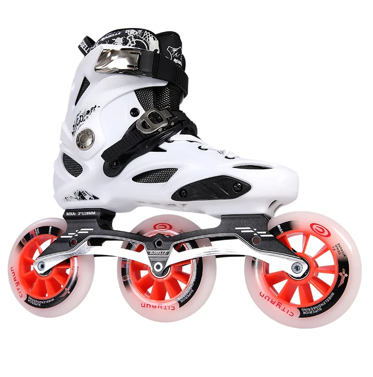 

3 Big wheels professional upscale inline roller skates shoes for adult and teenager, White/black