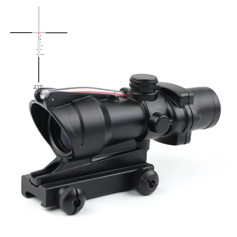 

KQ Hunting Riflescope ACOG 4X32 Real Fiber Optics Red Green Illuminated Chevron Glass Etched Reticle Tactical Optical Sight, Black