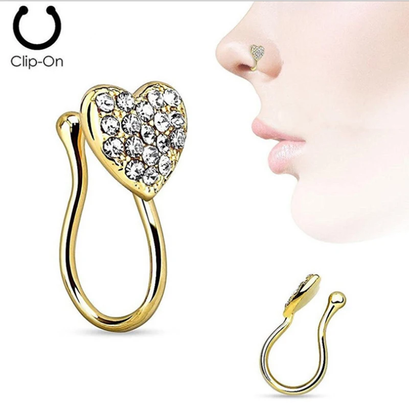 

Non piercing jewelry 316L surgical steel heart shape faux diamond clip on nose ring women nasal nose cuffs, Gold, rose gold, silver