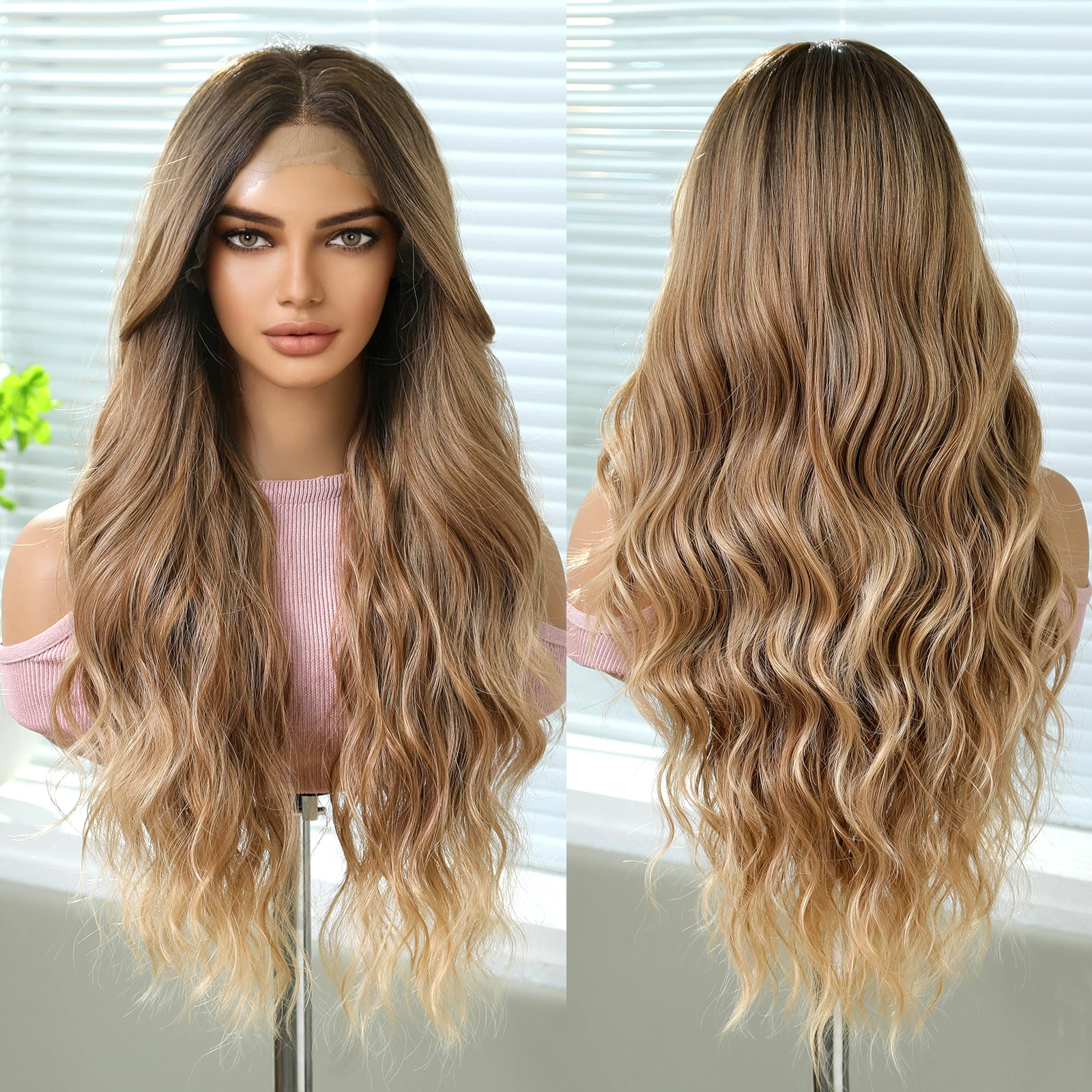 13*6 Front Lace Synthetic Japanese Future Fiber Long Natural Curly Wave Wig Light Brown Blonde Wig Soft Smooth Long-lasting Wave