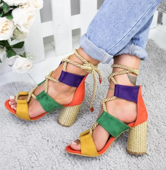 

factory Women Pumps Fashion Heels Lace Up High Sandals For Summer Shoes Gladiator Thick Chaus sures Femme Square Heels Knot rope