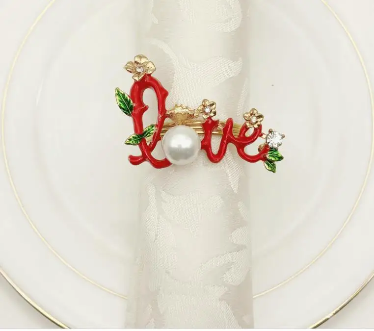 

cheap custom metal napkin rings pearl fitting enamel VALENTINE'S DAY napkin ring for wedding hotel decoration, Golden /can plate as u like