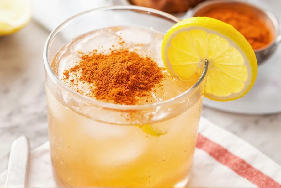Close-up of cayenne pepper powder being sprinkled into a glass of water with fresh lemon slice nearby