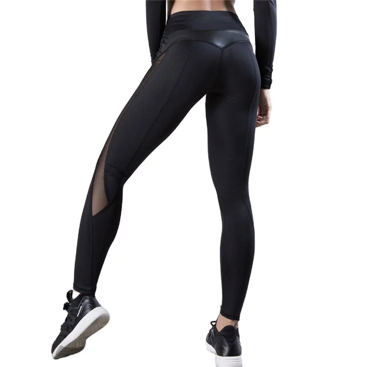 

High Waist leggings for Women Workout Fitness Leggings sport Women Black PU Leather mesh Leggings