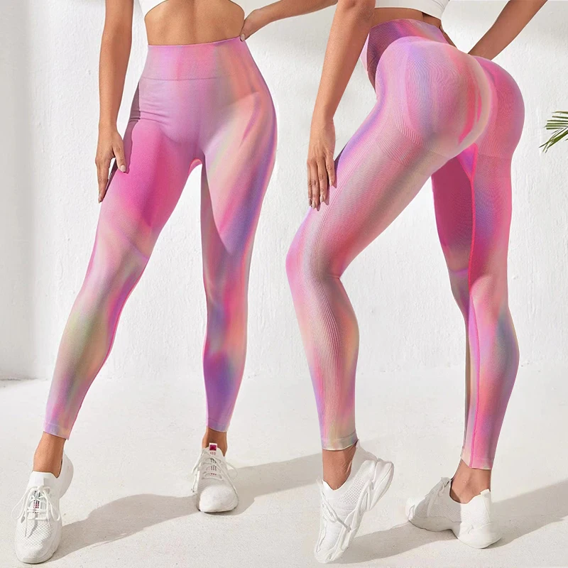 

SHINBENE Womens High Waist Workout Pants Booty Scrunch Seamless Tie Dye Yoga Leggings Vital Gym Pants