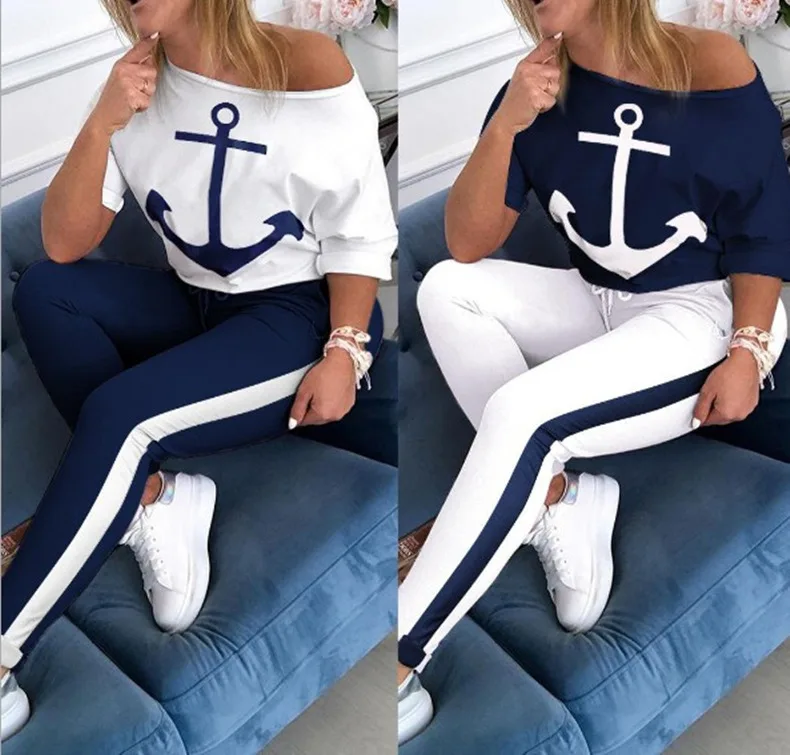 

LCt007 Women's two-piece suit short-sleeved T-shirt navy sports suit anchor printing two-piece suit summer sets
