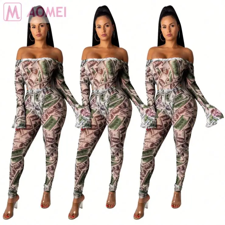 S1041 fashion casual dollar printed bodysuit trouser Two Piece Set Women Clothing Pants