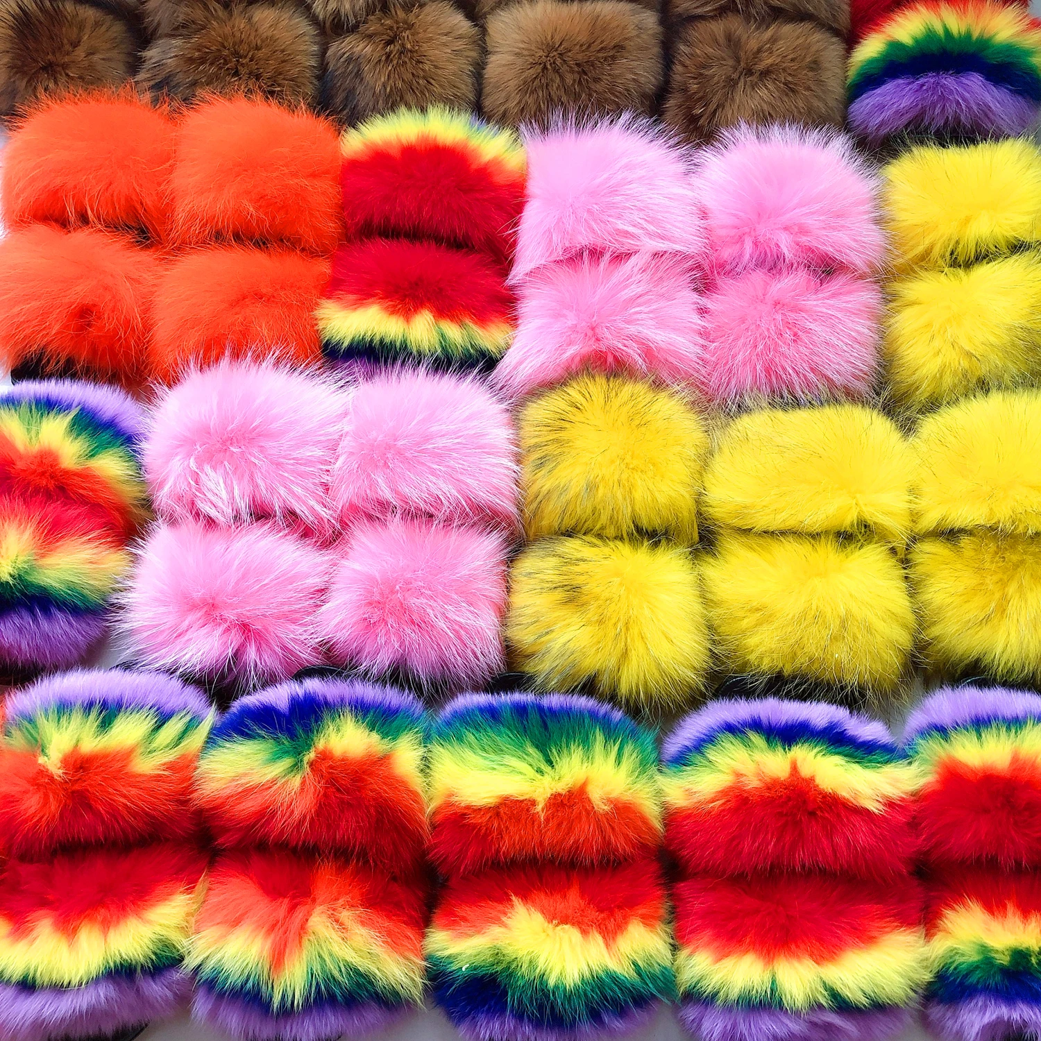 

Custom logo New Real Fox Fur Slides Mix Colors Furry Women and Children matching raccoon Fur Slipper