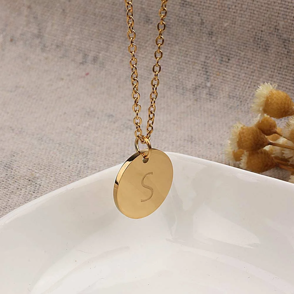 

Popular 24K Gold Sideway Initial I Disc Necklace Engraved Personalised Necklace, Steel;gold;rose gold(custom color is available)