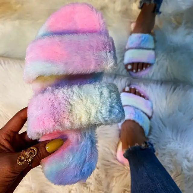 

GW Fur Slippers Women Sandals Home Fluffy Slides 2020 Casual Furry Flats Sweet House Indoor Slippers Shoes
