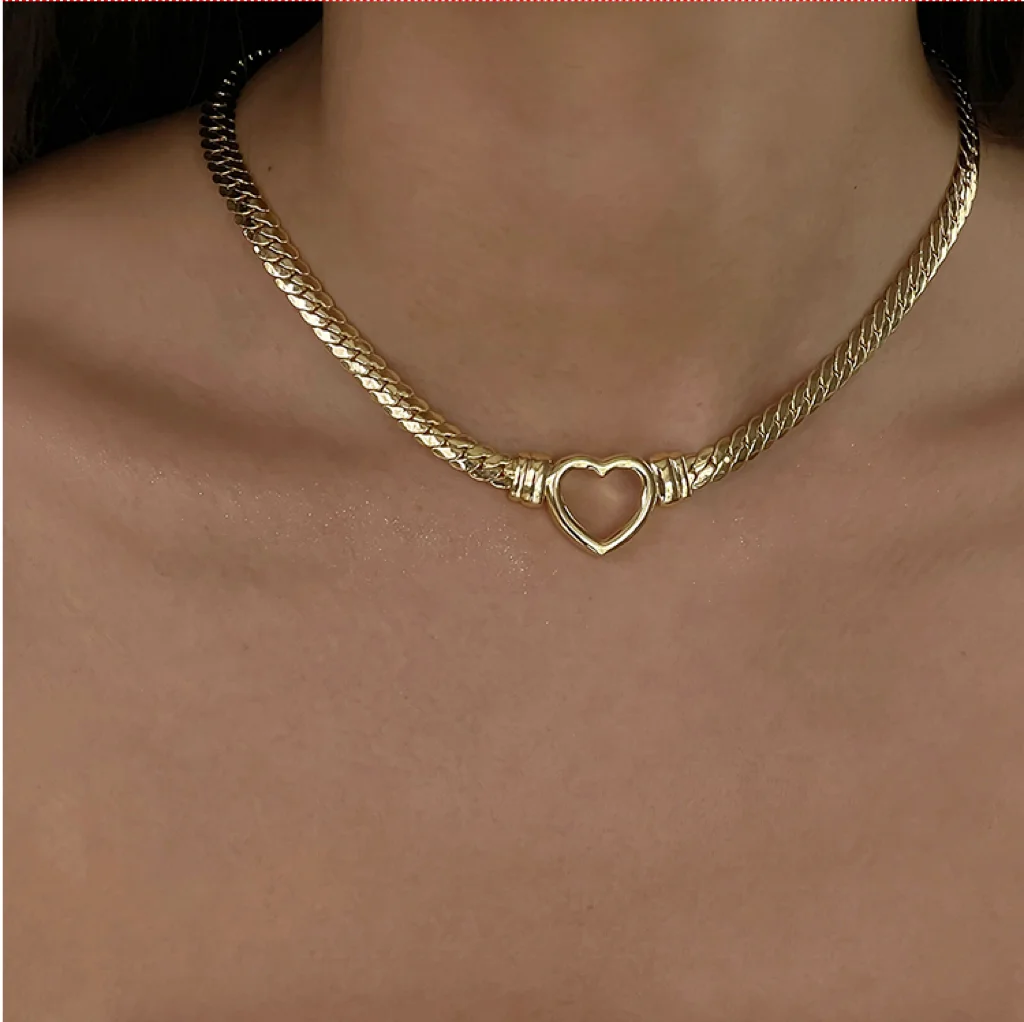 SC Hot Selling Stainless Steel Necklace Jewelry 18K Gold Plated Snake Chain Heart Choker Necklace for Women