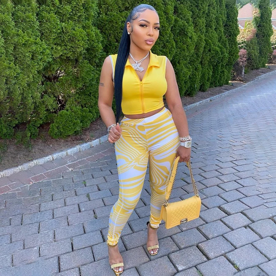 

K21S07869 New Fashion Slim 2-Piece Set Sleeveless Zipper Lapel Solid Color Vest + Elastic Waist Printed Tight Pants Women's Set