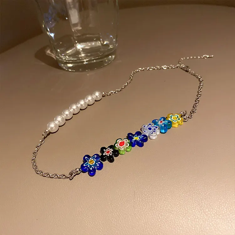 

Hot Sale Splicing Pearl Necklace Resin Flowers Beaded Necklace Millennium Hot Girl Y2K Necklace for Teen Girls, Multi color
