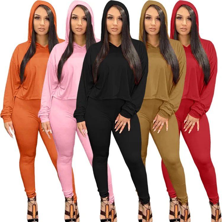 

2021 Boutique 2 PCS Tracksuit Solid Color Hoodies And Leggings Spring Women 2 Piece Set, Picture