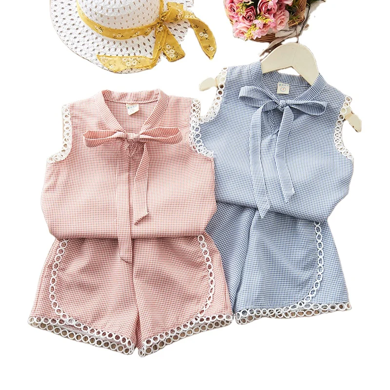 

Summer Outfits Kids Baby Girls Fly Sleeve Summer Plaid Tops & Shorts 2Pcs Clothes Set