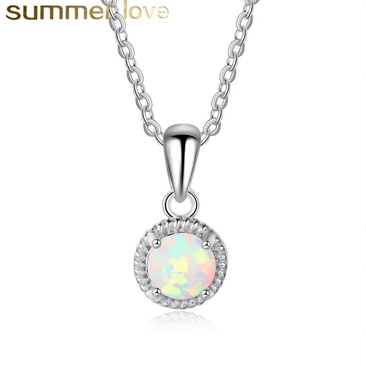 

Wholesale Fashion Round Opal Necklace Pendant Necklace Women Gifts Chain 925 Sterling Silver Jewelry, As picture