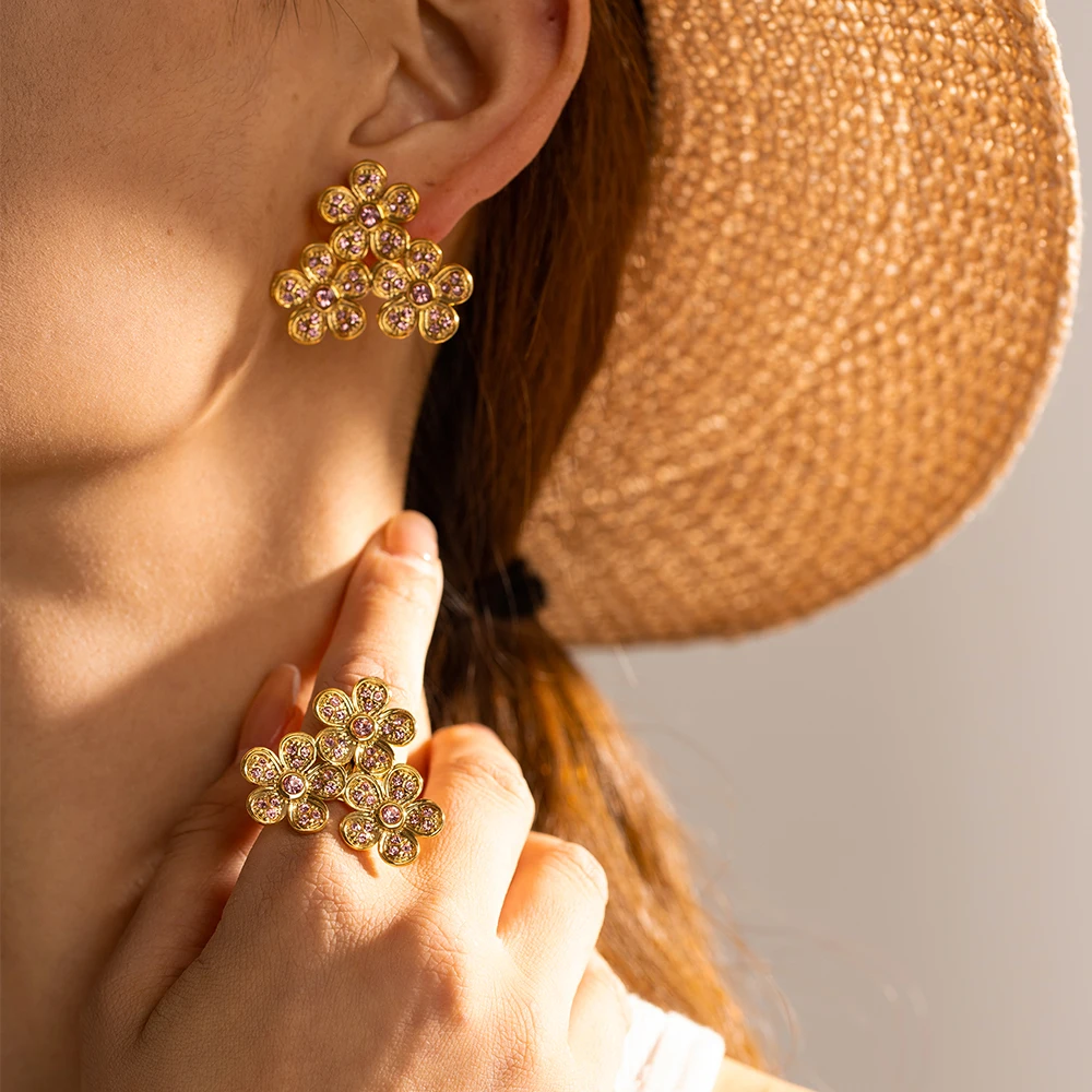 

Waterproof 18K Gold Plated Stainless Steel Earring Three Multi Flower Cubic Zirconia Earrings For Women