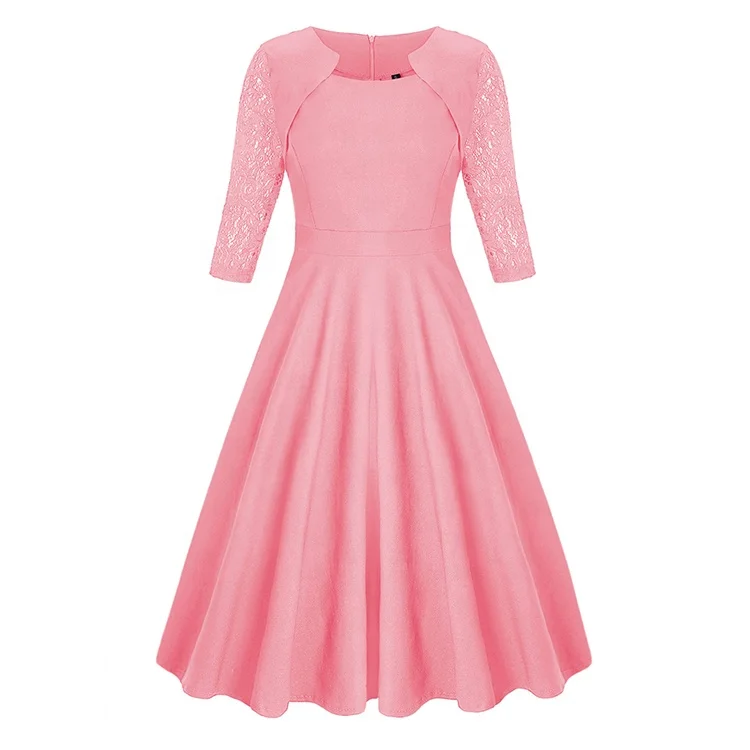 

2021 New Arrival Women Evening Party Dress Lace Half Sleeve Midi Dresses Elegant Formal Cocktail Prom Ball Gown False Two Pieces, Pink/red/navy/green