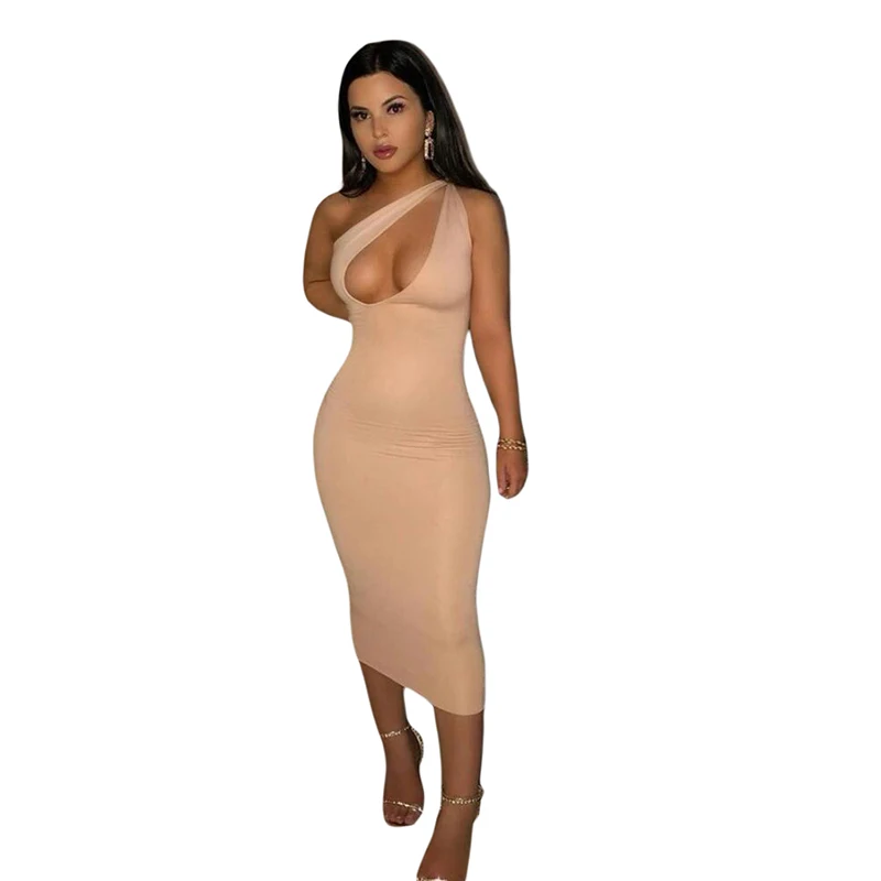 

Slanted shoulder sexy hollow slim mid-length dress prom dress