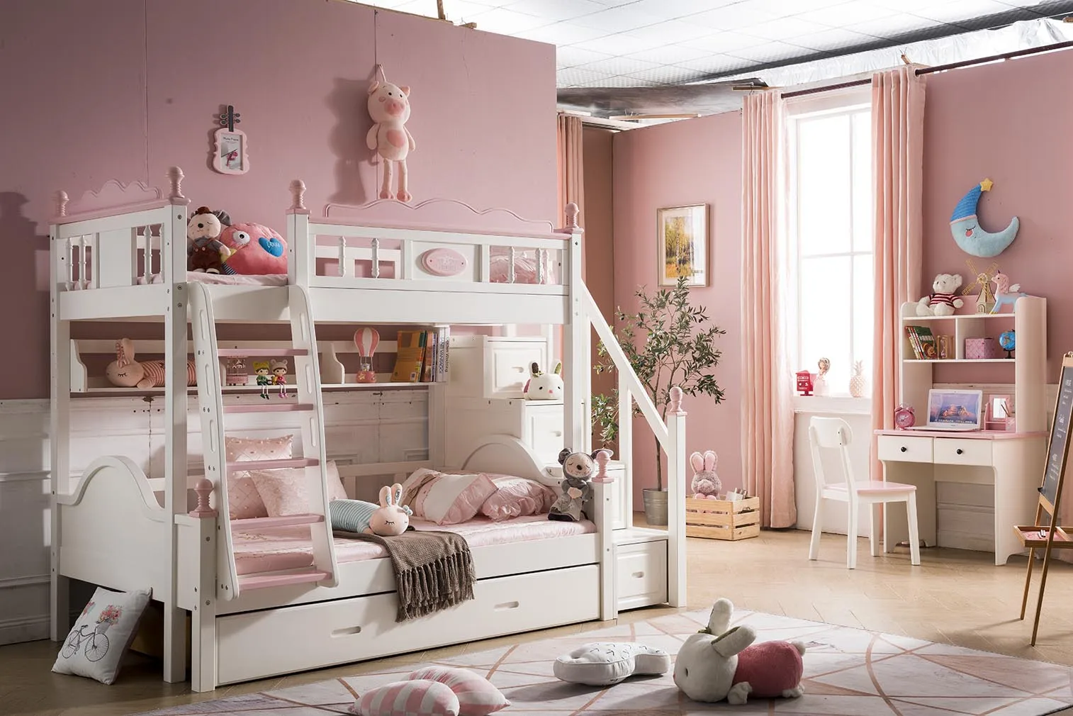 High quality pink+red solid wood bunk bed and other children furniture