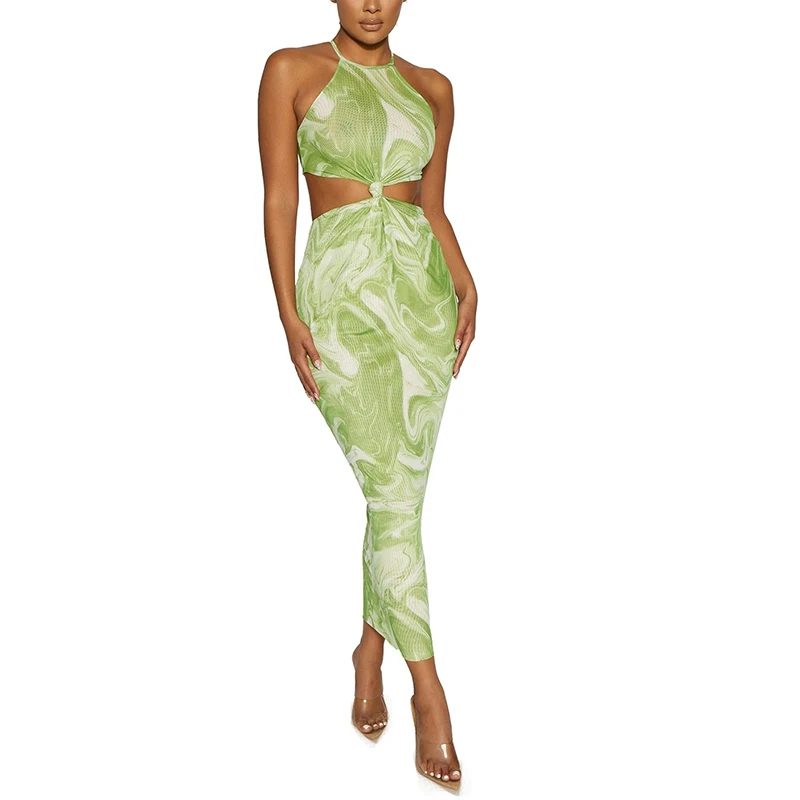 

sexy casual cheap woman dress 2021 hollow out halter maxi bodycon green abstract women dress