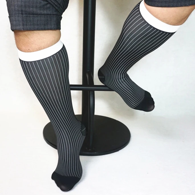 

Men long business silk socks striped male nylon stockings, Black/blue/red