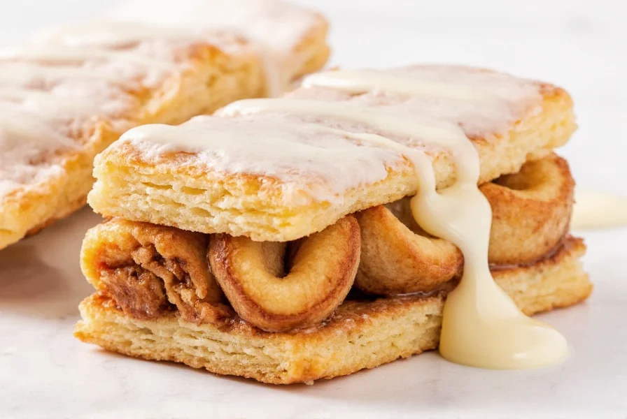 Close-up of frosted cinnamon roll pop tart showing layered pastry, cinnamon swirls, and cream cheese icing drizzle