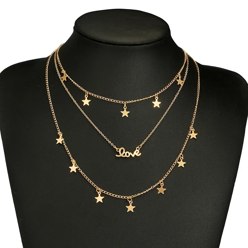

BLN0719 Custom gold plated pendant choker necklace love letter women necklace jewelry 3-layer necklace