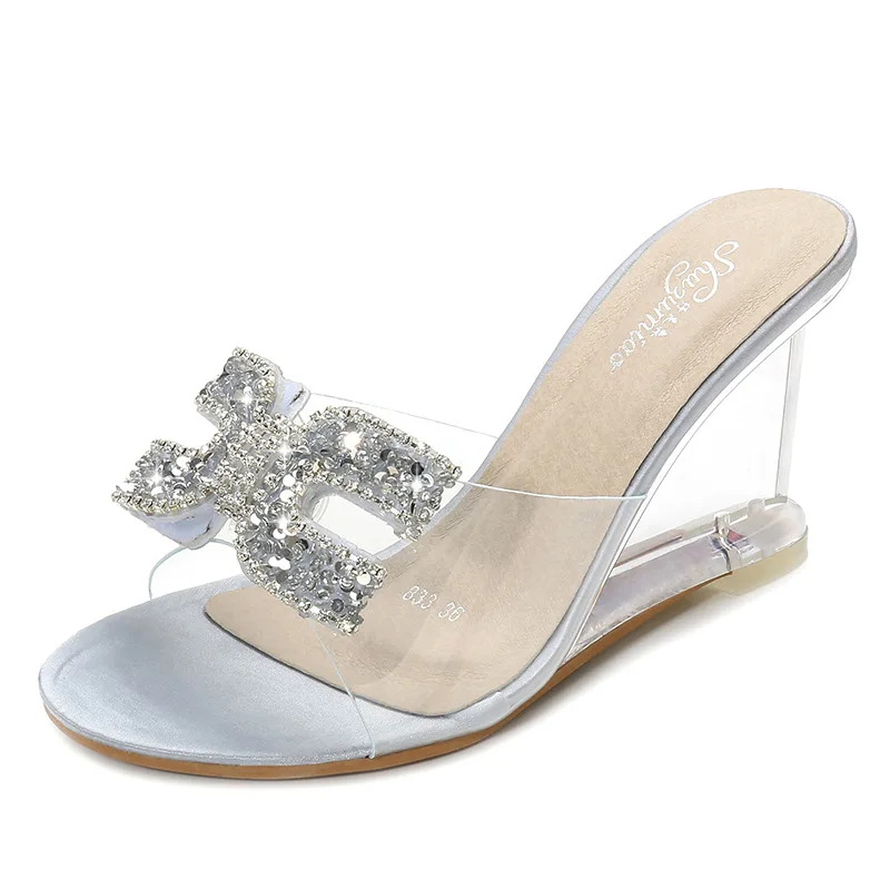 

Women Summer Peep Toe Sandals Ladies Sexy Rhinestone Transparent Crystal Wedge Heel High Heels Casual Party Office Pumps