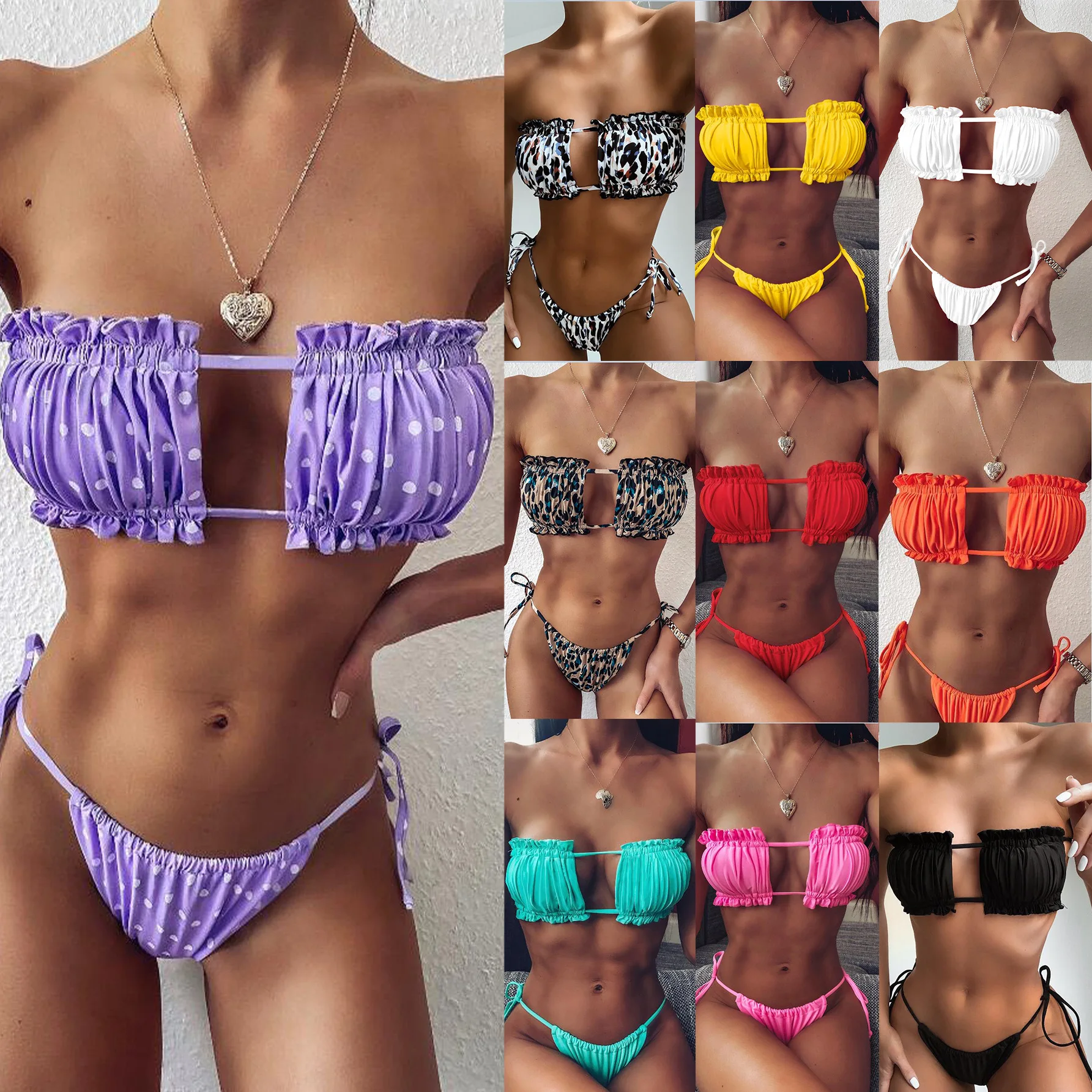 

Free shipping hot selling sexy folds hollow bikini foreign trade Pleated Women's High Cut Bandeau Bikini Sets Bathing Suit, Customized color