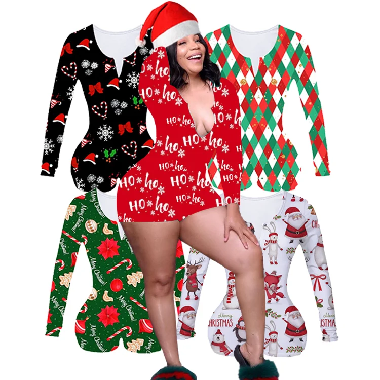 

2022 Christmas Onesie Pajamas Custom Print Adult Onesie Women Long Sleeve Blank Christmas Pajamas Onesie Jumpsuit Pajamas