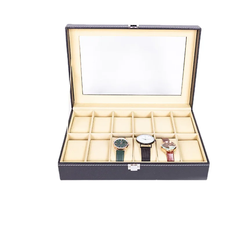 

Fashion 12 Slots Wood Watch Box Packaging Black Leather Watch Gift Cases for Men