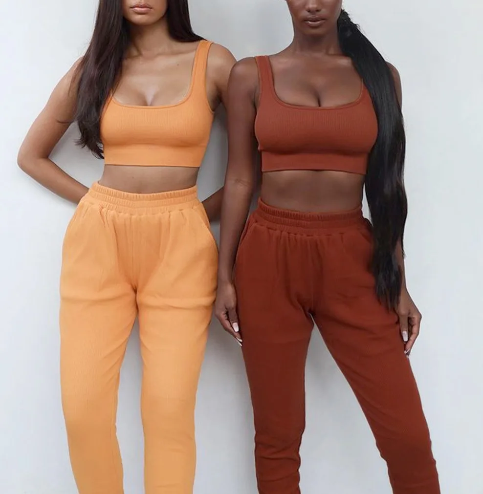 

2021 women summer sets short tank tops + trousers & pants high waisted cargo joggers sets