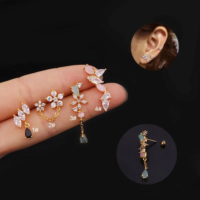 

Dr. Jewelry Dainty Crystal Small Flower Water Drop Zircon Ear Bone Nail Piercing Diamond Stud Earrings For Women Ear Jewelry Set