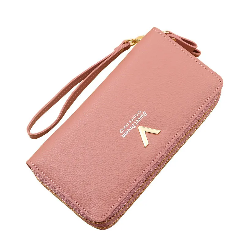 

Korean Retro Fashion Rectangle Large Capacity Mobile Phone Bag Double Zipper Classic V Logo Pu Leather Interlayer Ladies Purse