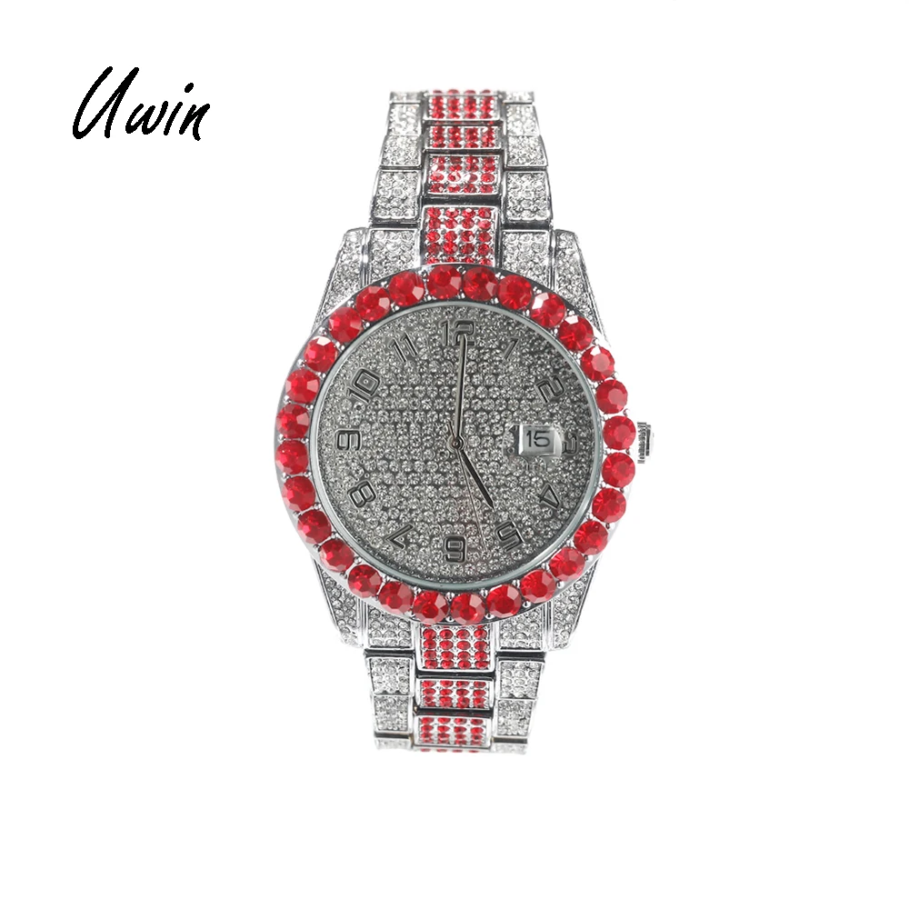 

UWIN 2022 Bling Bling Full Iced Out CZ Red Round Watch Luxury Numerals Hip Hop Rapper Watches Women Msn