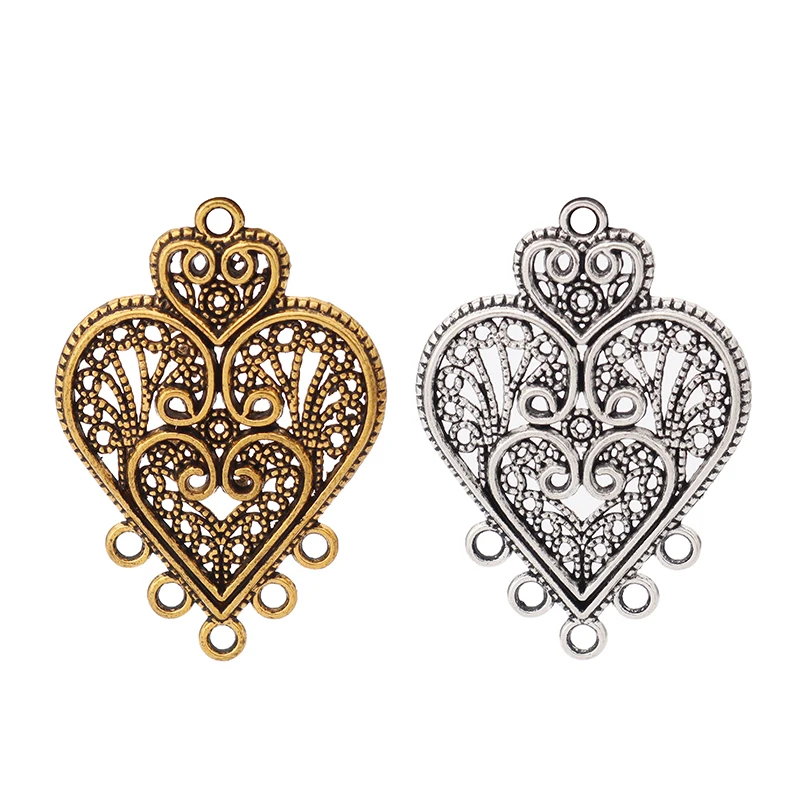 

Tibetan Silver/Gold Filigree Heart Chandelier Connector Multi Strand Charms Pendants for Earring Jewelry Making Accessories