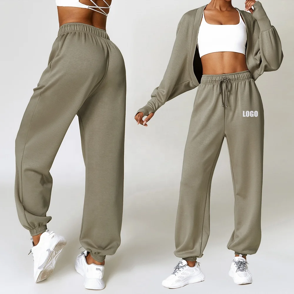 

New Training Solid Fitness Long Sleeve Coat Breathable Gym Jogger Pants Two Piece High Quality Sweatsuit