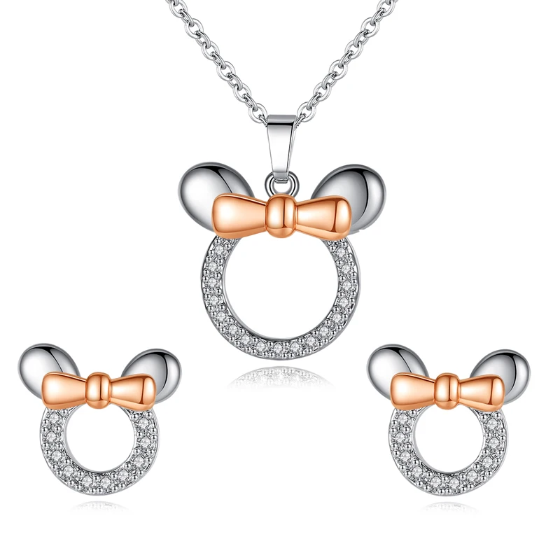 

Fashion Cute Mickey Minnie Pendant Necklaces earring set for Women Cartoon Rose Gold and Zircon Dream Love jewelry set