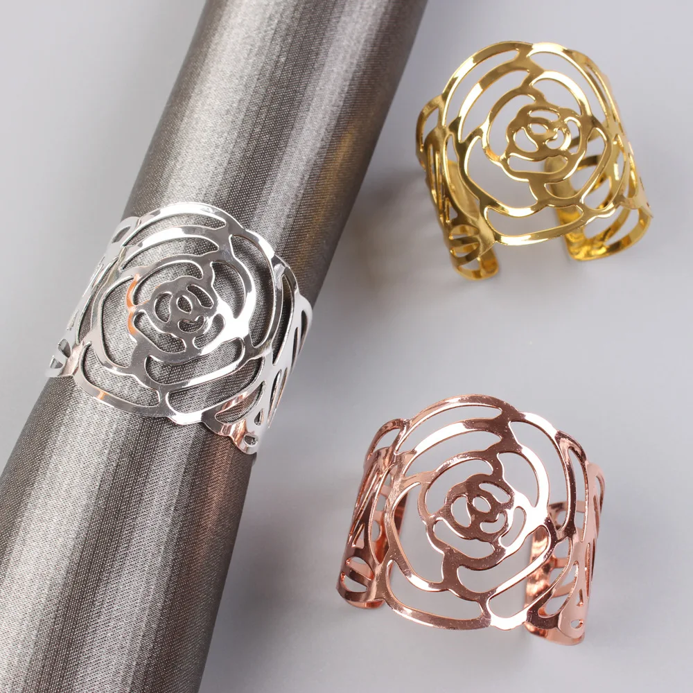 

Metal Iron Hollow Rose Napkin Rings Gold Silver Rose Gold Serviette Holders For Wedding Party Table Decoration