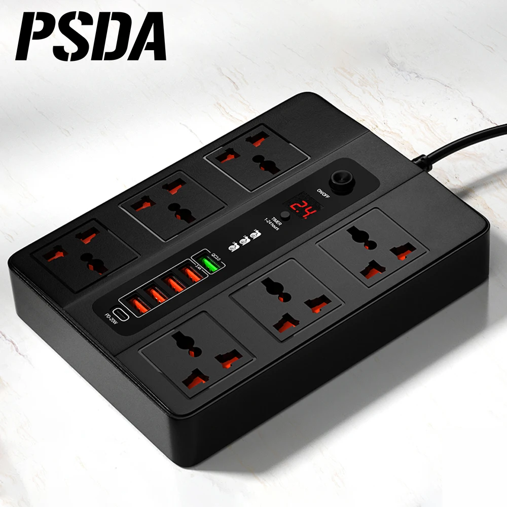 

PSDA 3000W 6 Outlet Power Strip Surge Protector Multiprise Smart Home 2 Meter Extension Electrical Socket with PD3.0 QC3.0 6 USB