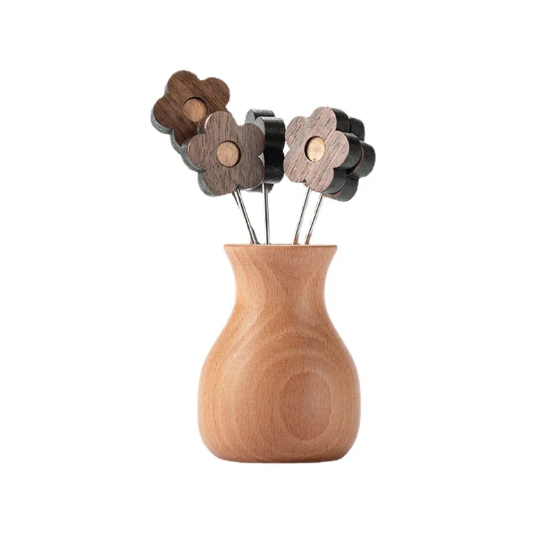 

New Design Wholesale Cartoon Flower Solid Wood Fruit Pick Stainless Steel Fruit Fork Set Cake disposable wooden Fork