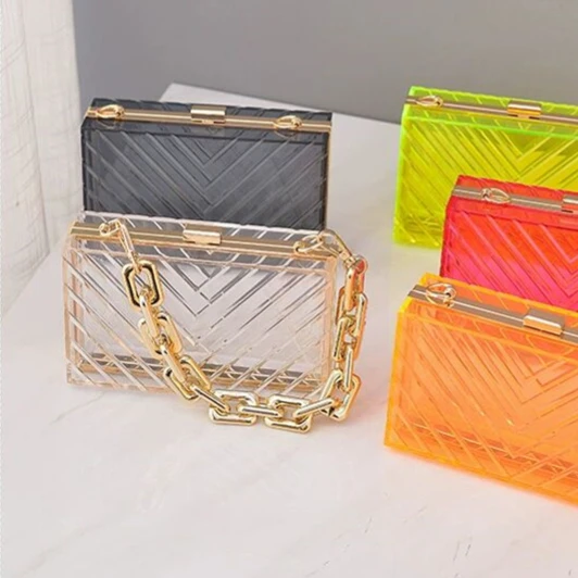 

2021 Fashion Acrylic Clear Purse Cute Transparent Candy Crossbody Bag Handbag Chain Shoulder Evening Clutch Bag, Orange,green,yellow,transparent,sapphire blue or ohers
