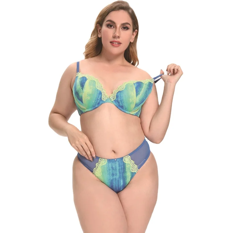 

2021 New Style Women Tie-Dye Crystal Decoration Gathers Plus Size Bra & Brief Set