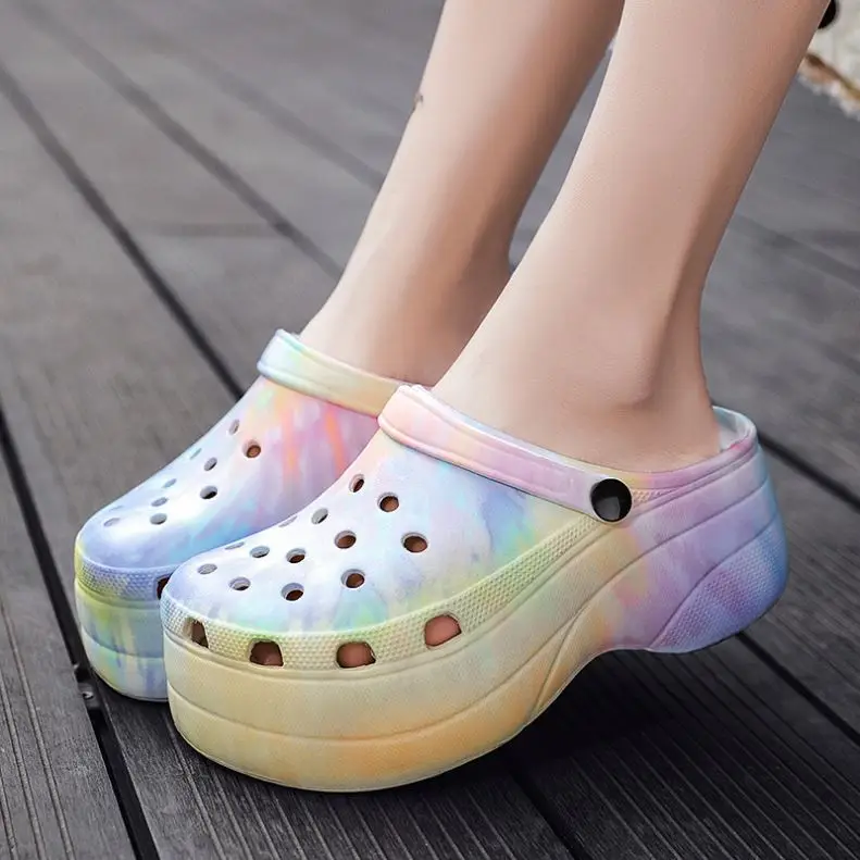 

New Hot Popular Women Platform camouflage Clogs 5cm Rainbow Printed colorful High Heel ladies Sandals Clog Slippers