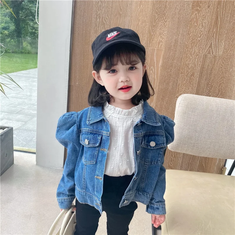 

New Autumn Baby To Toddler Single Breasted Girl Puff Sleeve Baby Girls Jackets Denim Puffer Coat