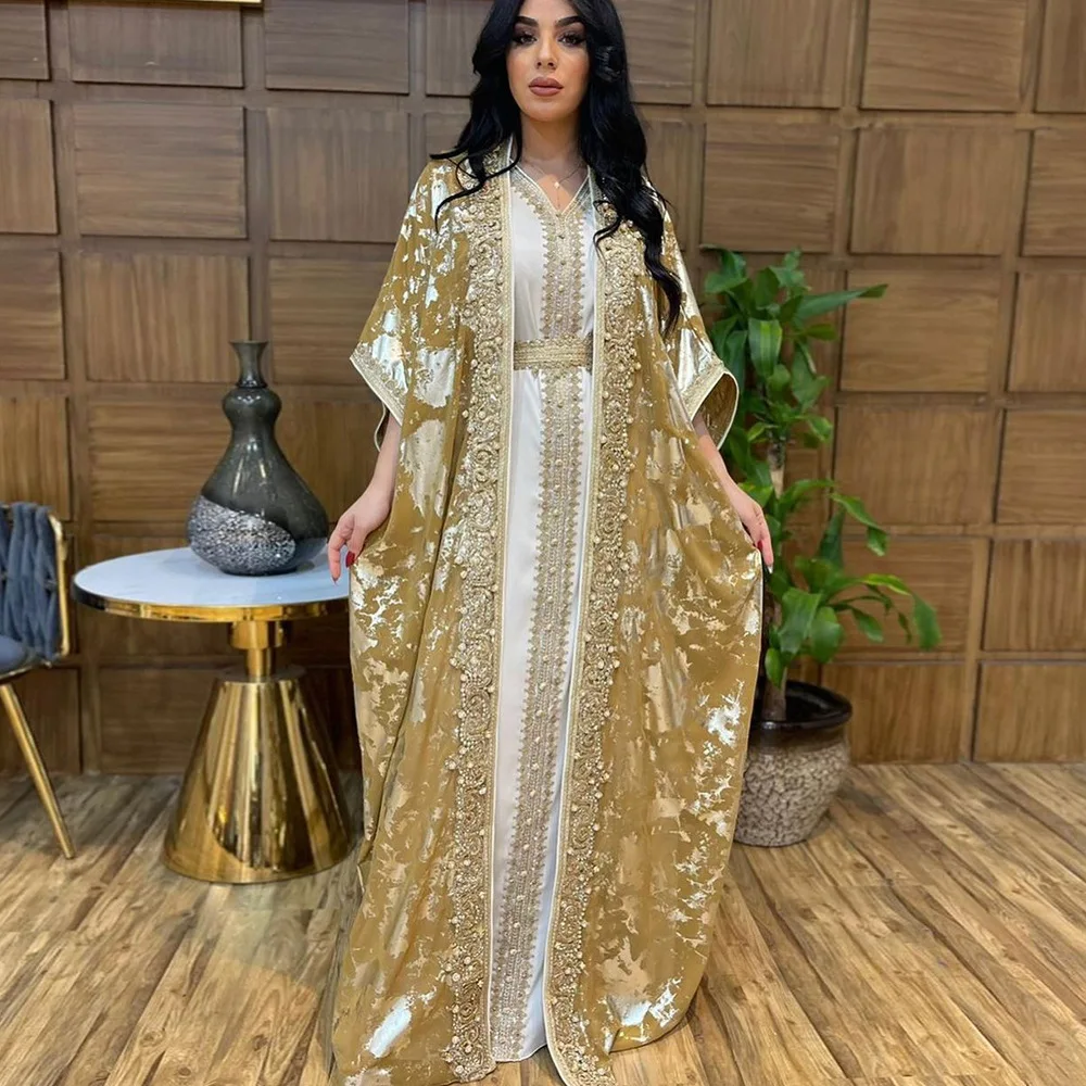 

Islamic Factory-Ready Middle East Dubai Style 2-Piece Bat Sleeve Outer Dress Casual Ethnic Abaya Muslim Fabric Dress Wholesale