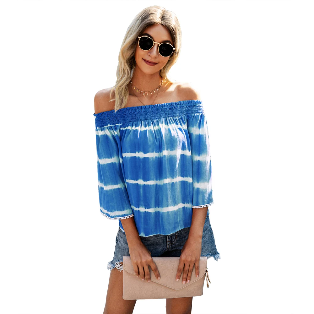 

New Arrival Fashion off shoulder women long sleeveTie dye striped Top