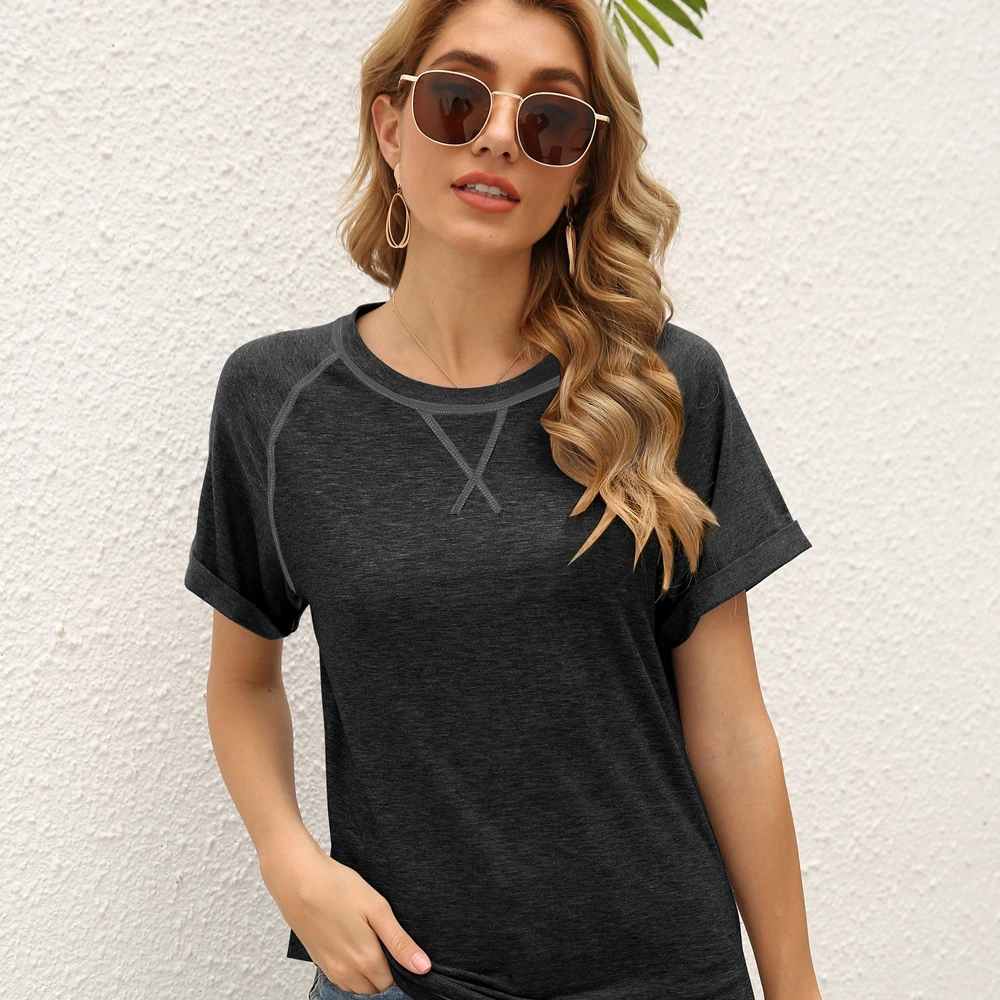 

2021 spring summer new style explosive women's matching color cross loose jacket short-sleeved casual t-shirt, Customized color